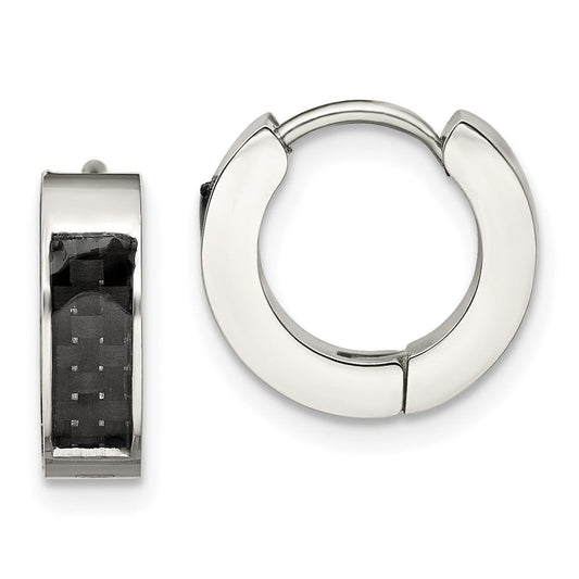 SRE1531 Chisel Stainless Steel Polished with Carbon Fiber Inlay 4mm Hinged Hoop Earrings