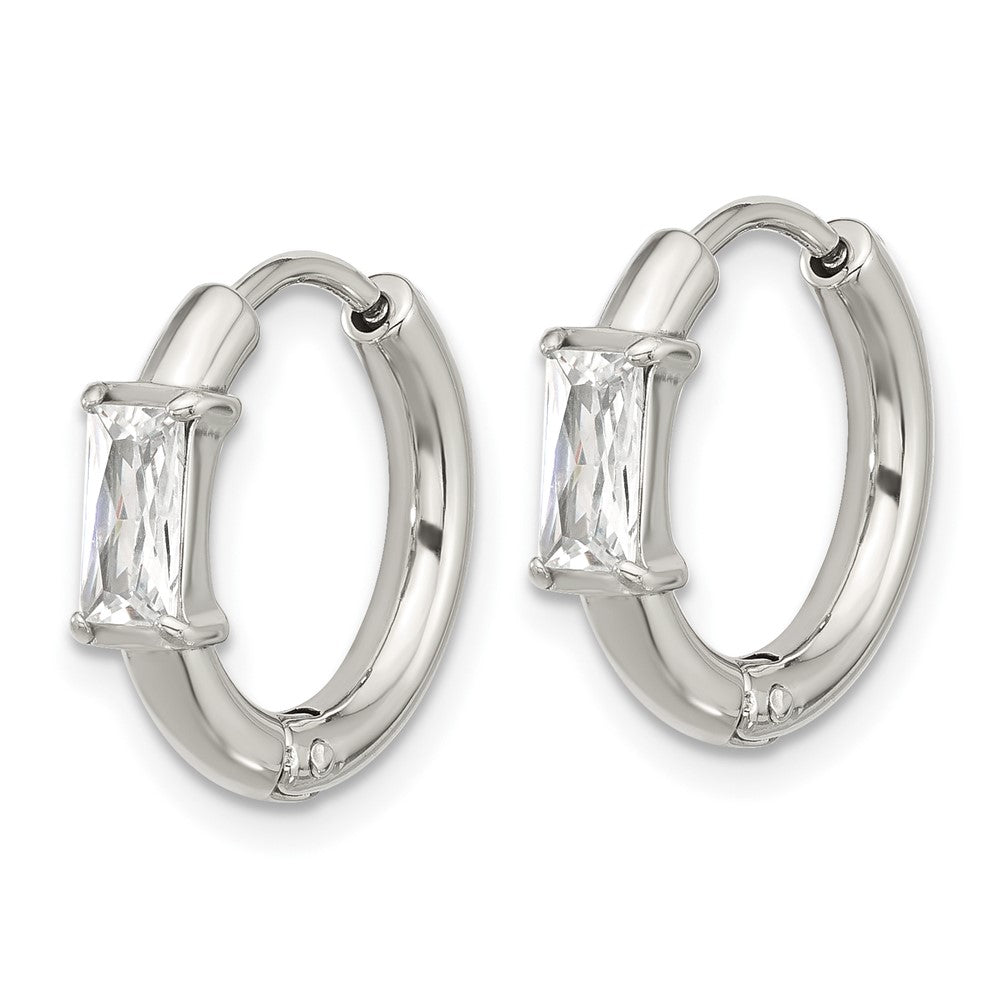 SRE1733 Chisel Stainless Steel Polished Rectangle CZ Hinged Hoop Earrings