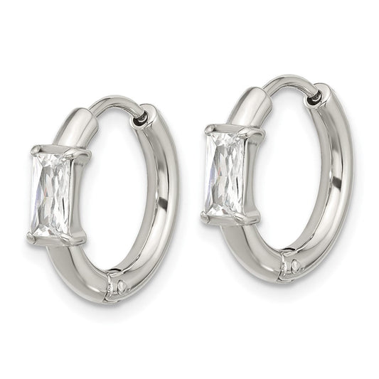 SRE1733 Chisel Stainless Steel Polished Rectangle CZ Hinged Hoop Earrings
