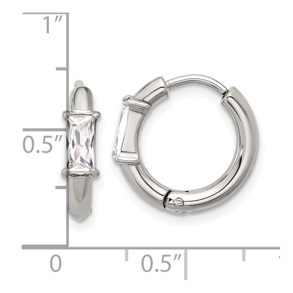 SRE1733 Chisel Stainless Steel Polished Rectangle CZ Hinged Hoop Earrings