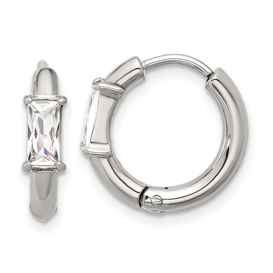 SRE1733 Chisel Stainless Steel Polished Rectangle CZ Hinged Hoop Earrings
