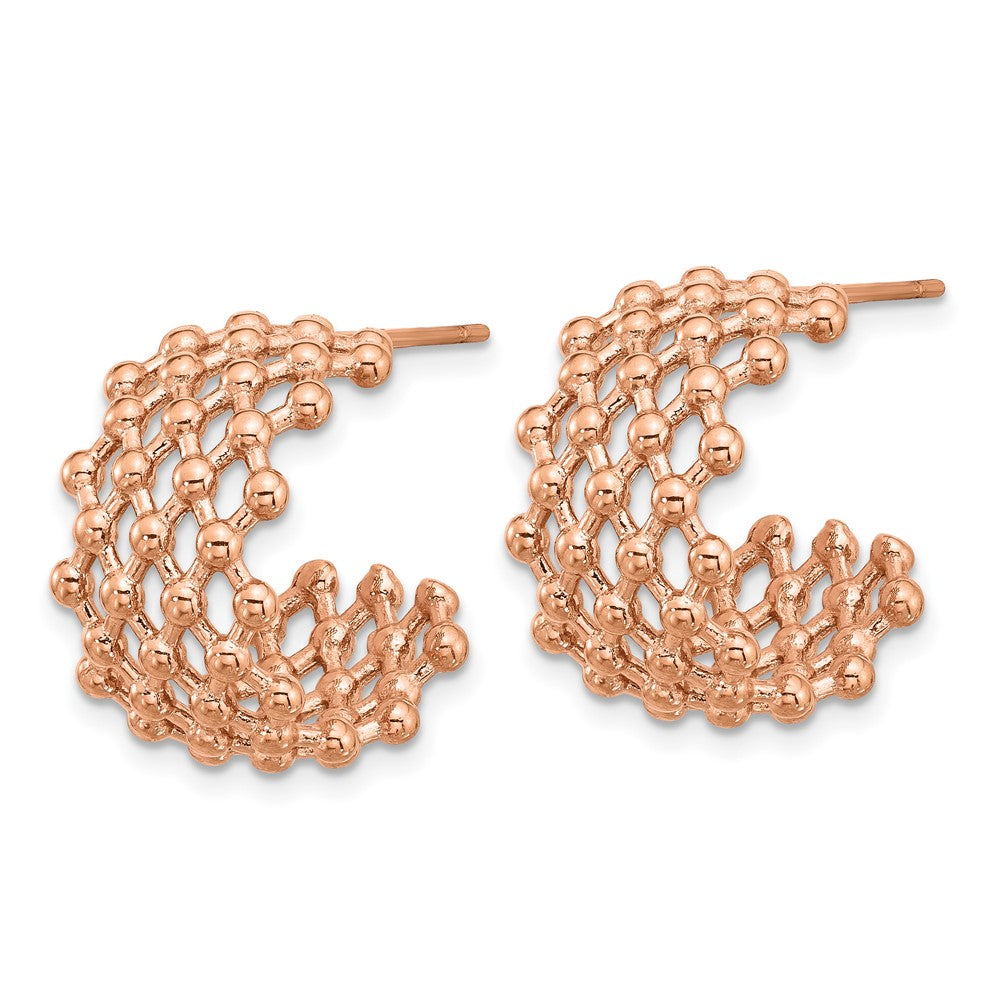 SRE1740 Chisel Stainless Steel Polished Rose IP-plated Beaded Weave Design Post Hoop Earrings