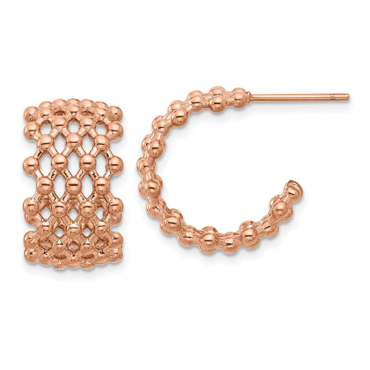 SRE1740 Chisel Stainless Steel Polished Rose IP-plated Beaded Weave Design Post Hoop Earrings
