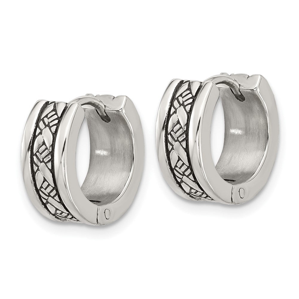 SRE1772 Chisel Stainless Steel Antiqued and Polished 5.5mm Hoop Earrings