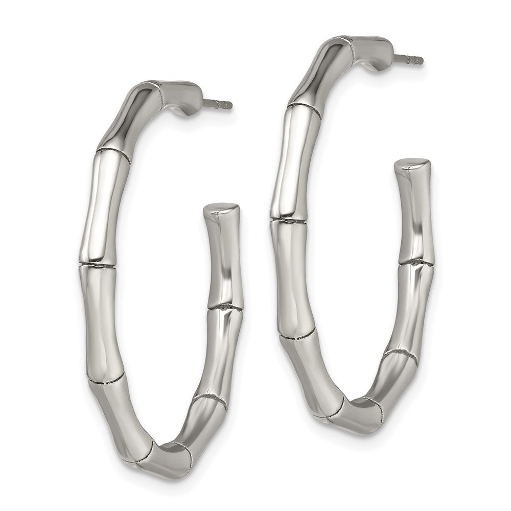 SRE398 Chisel Stainless Steel Polished Bamboo Design J Hoop Post Earrings