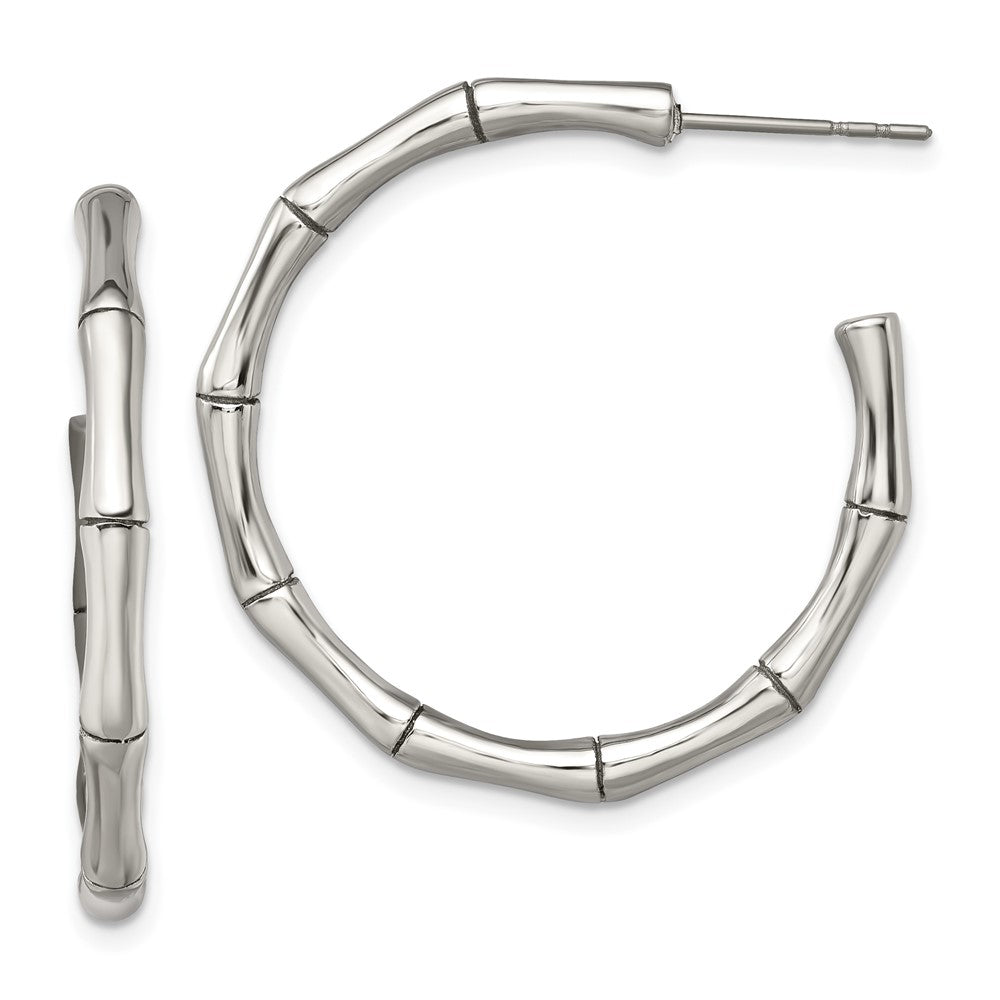 SRE398 Chisel Stainless Steel Polished Bamboo Design J Hoop Post Earrings