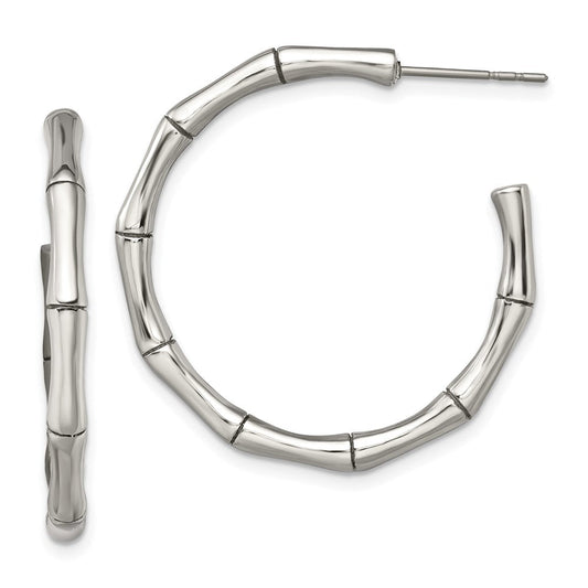 SRE398 Chisel Stainless Steel Polished Bamboo Design J Hoop Post Earrings