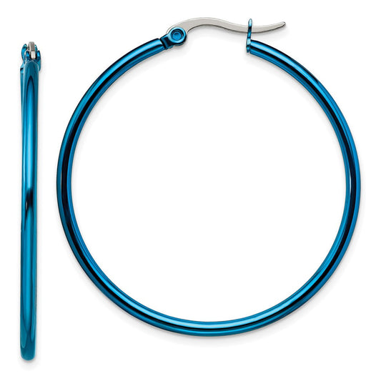 SRE426 Chisel Stainless Steel Polished Blue IP-plated 42mm Diameter 2mm Hoop Earrings