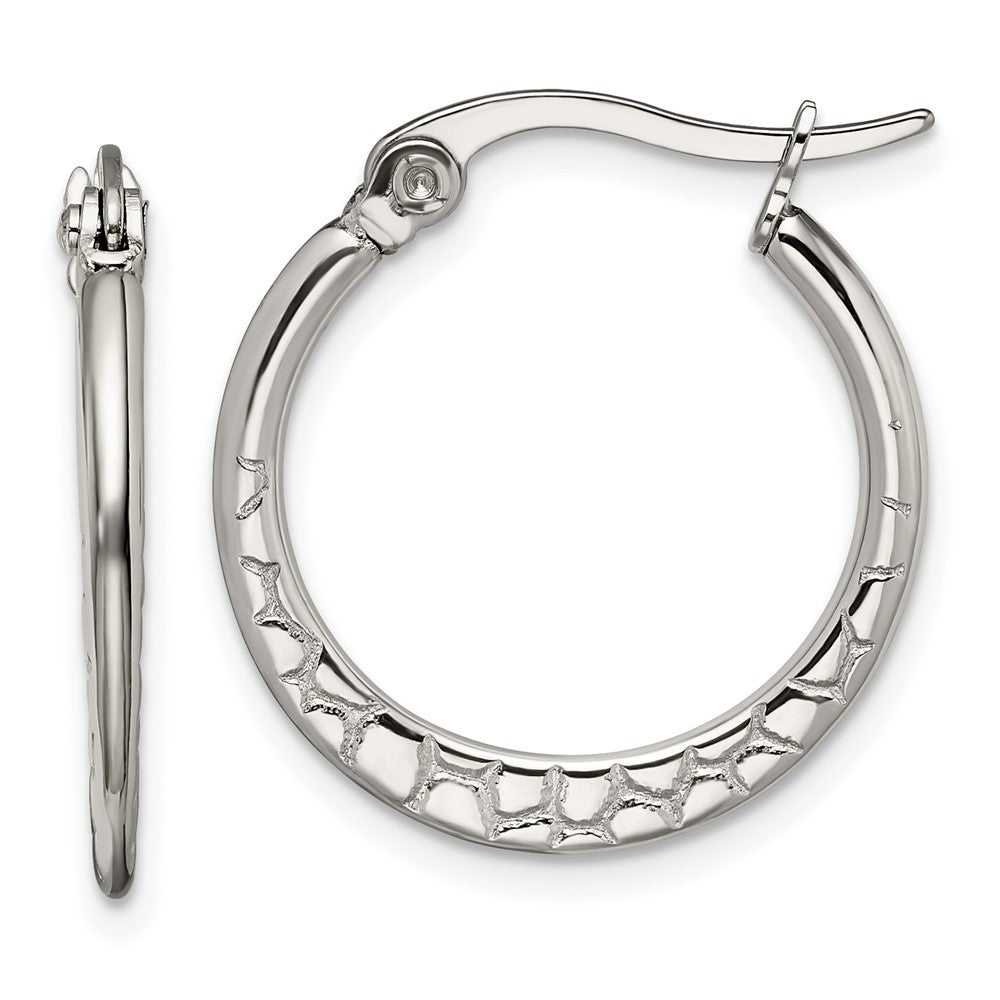 SRE493 Chisel Stainless Steel Polished and Textured 20mm Diameter Hoop Earrings