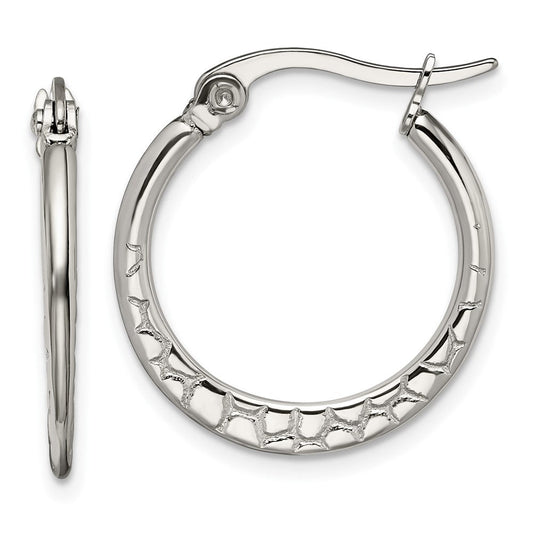SRE493 Chisel Stainless Steel Polished and Textured 20mm Diameter Hoop Earrings