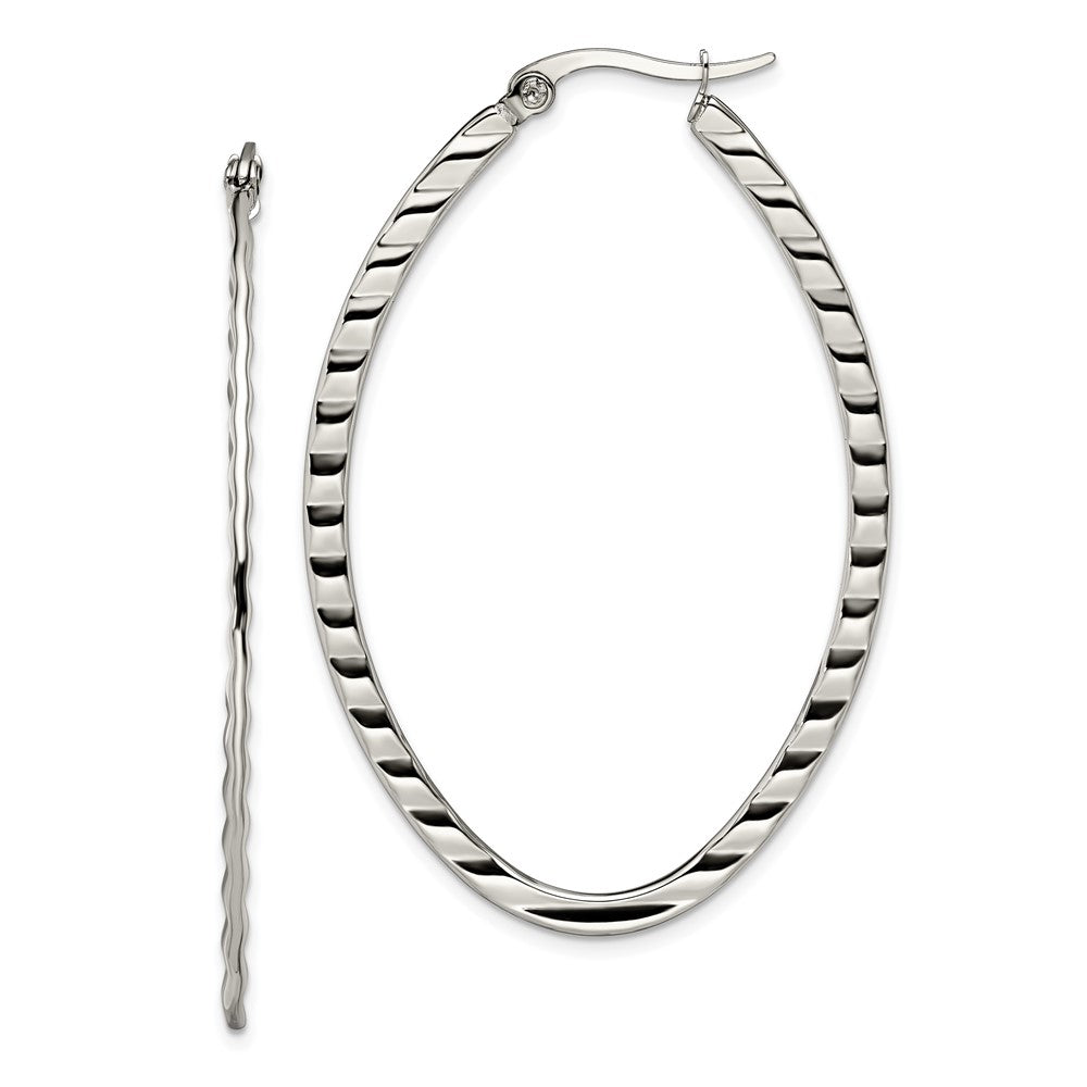 SRE503 Chisel Stainless Steel Polished and Textured Oval Hoop Earrings