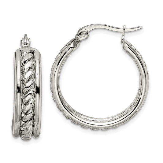 SRE510 Chisel Stainless Steel Polished Twisted Middle 25mm Diameter Hoop Earrings