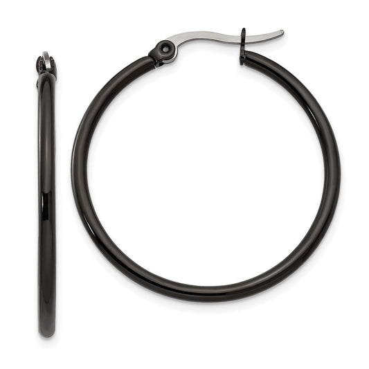 SRE567 Chisel Stainless Steel Polished Black IP-plated 32mm Diameter 2mm Hoop Earrings