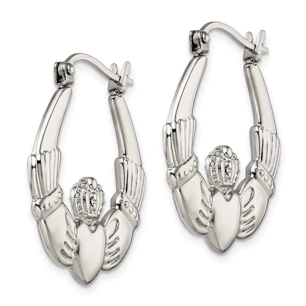 SRE890 Chisel Stainless Steel Polished Claddagh Hoop Earrings