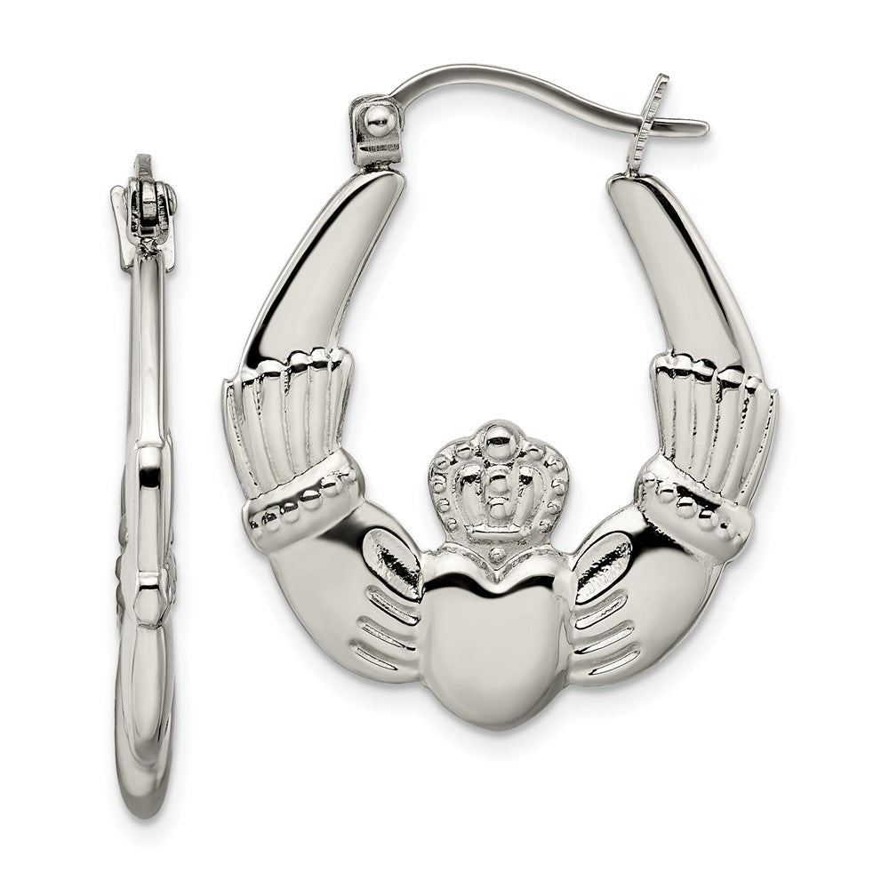 SRE890 Chisel Stainless Steel Polished Claddagh Hoop Earrings