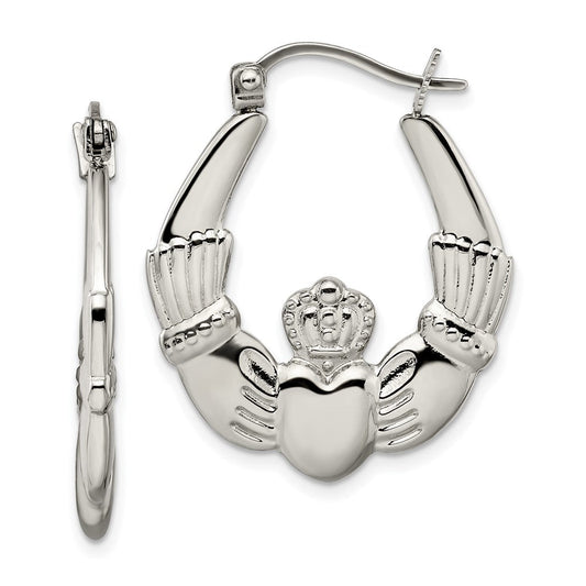 SRE890 Chisel Stainless Steel Polished Claddagh Hoop Earrings