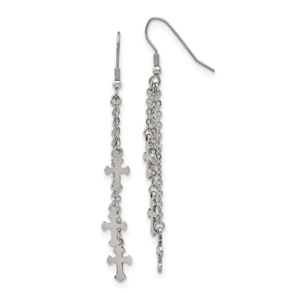 SRE908 Chisel Stainless Steel Polished Multi Strand Cross Dangle Shepherd Hook Earrings