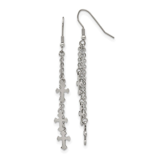 SRE908 Chisel Stainless Steel Polished Multi Strand Cross Dangle Shepherd Hook Earrings