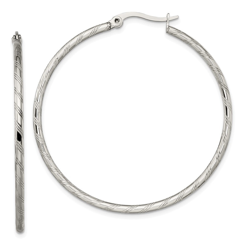 SRE958 Chisel Stainless Steel Polished and Textured Hoop Earrings