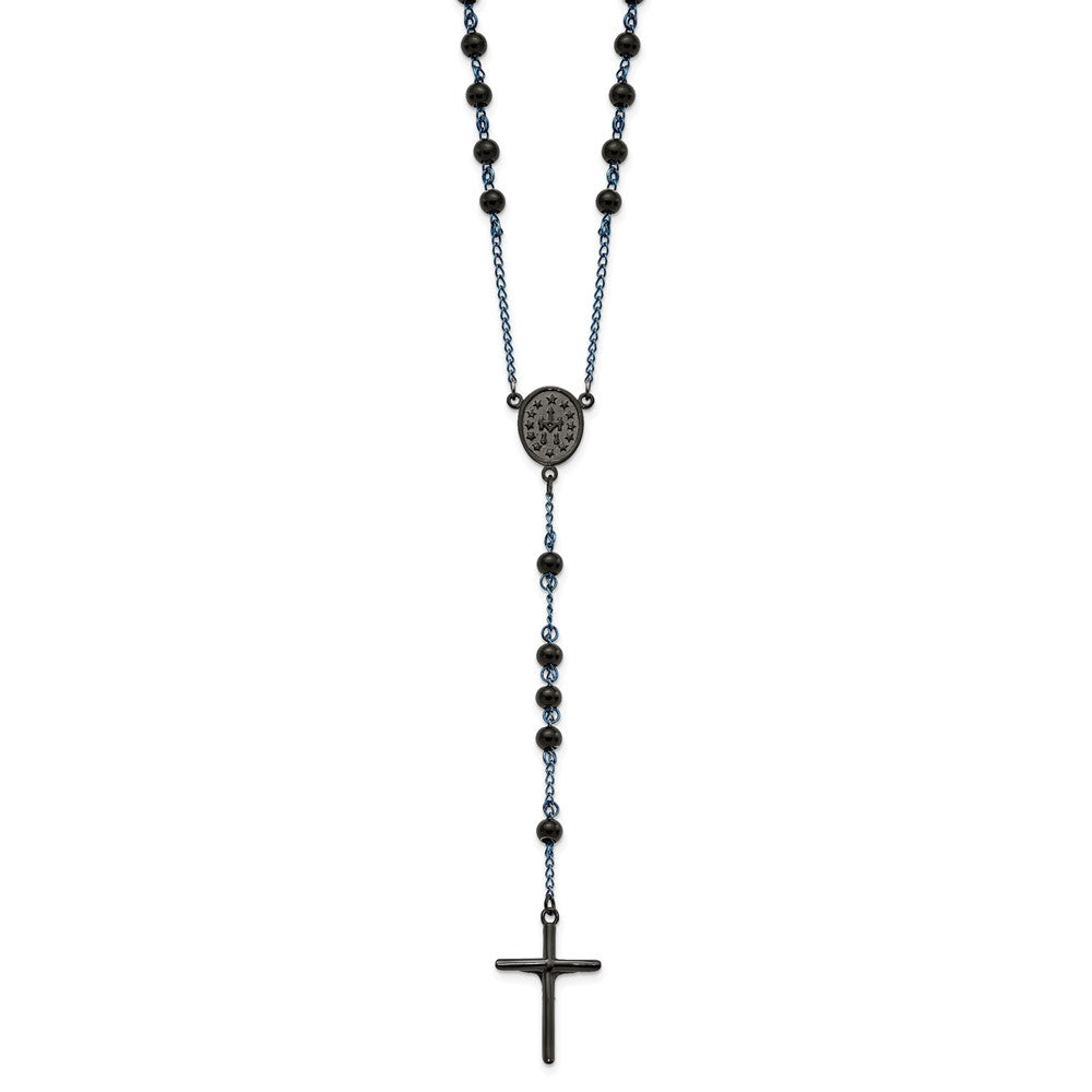 Chisel Stainless Steel Polished Black and Blue IP-plated 30 inch Rosary Necklace SRN2835