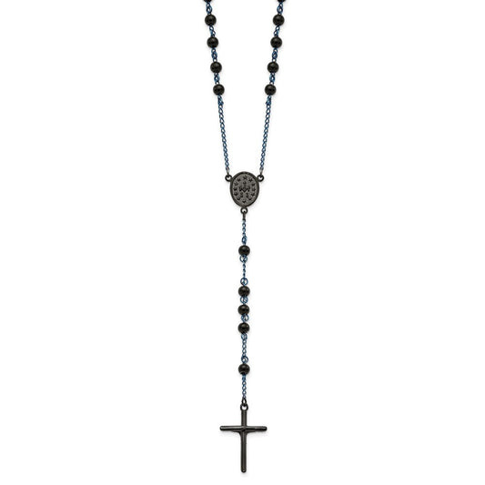 Chisel Stainless Steel Polished Black and Blue IP-plated 30 inch Rosary Necklace SRN2835