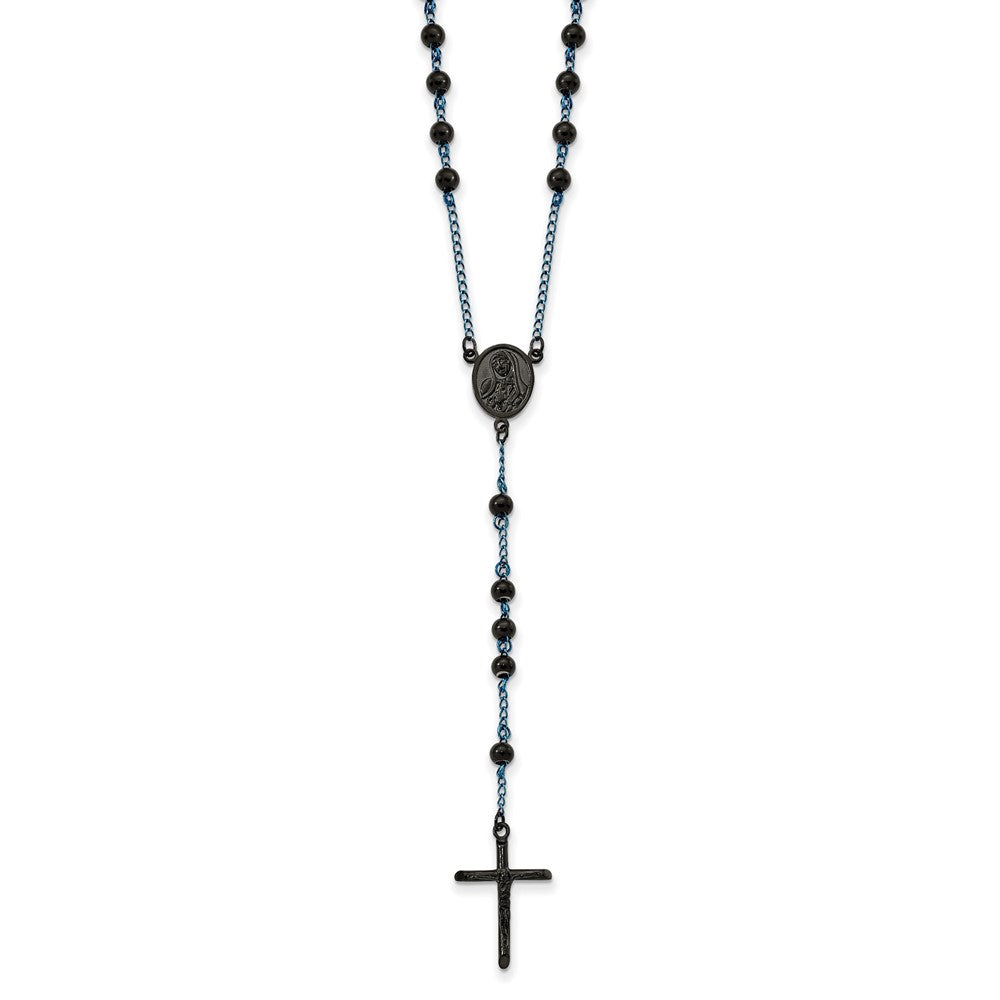 Chisel Stainless Steel Polished Black and Blue IP-plated 30 inch Rosary Necklace SRN2835