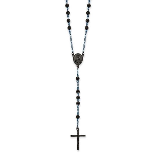 Chisel Stainless Steel Polished Black and Blue IP-plated 30 inch Rosary Necklace SRN2835
