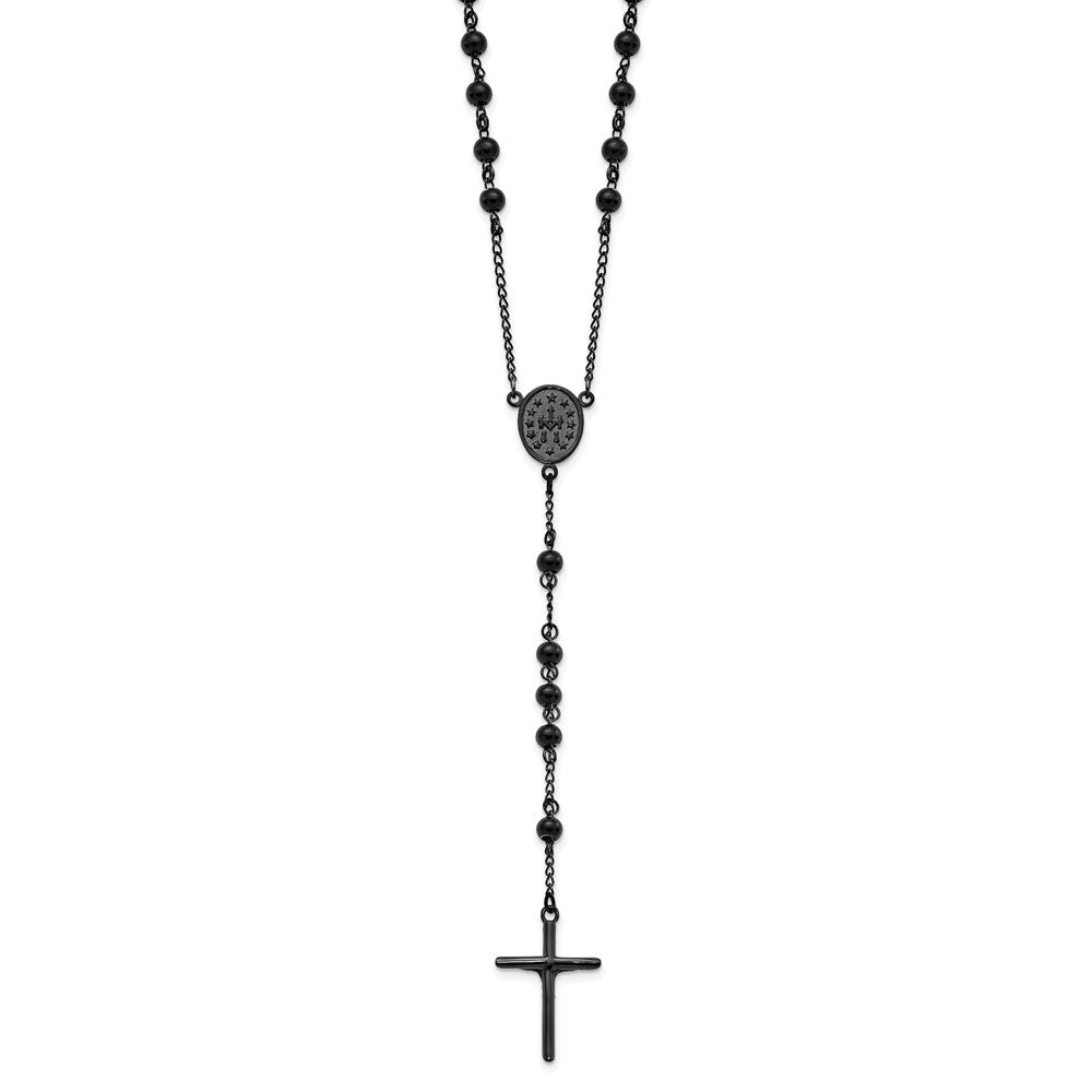 Chisel Stainless Steel Polished Black IP-plated Beaded 30 inch Rosary Necklace SRN2837