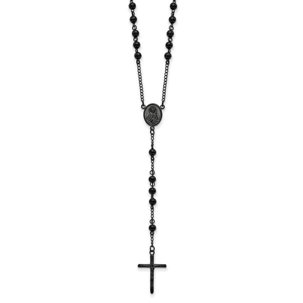 Chisel Stainless Steel Polished Black IP-plated Beaded 30 inch Rosary Necklace SRN2837