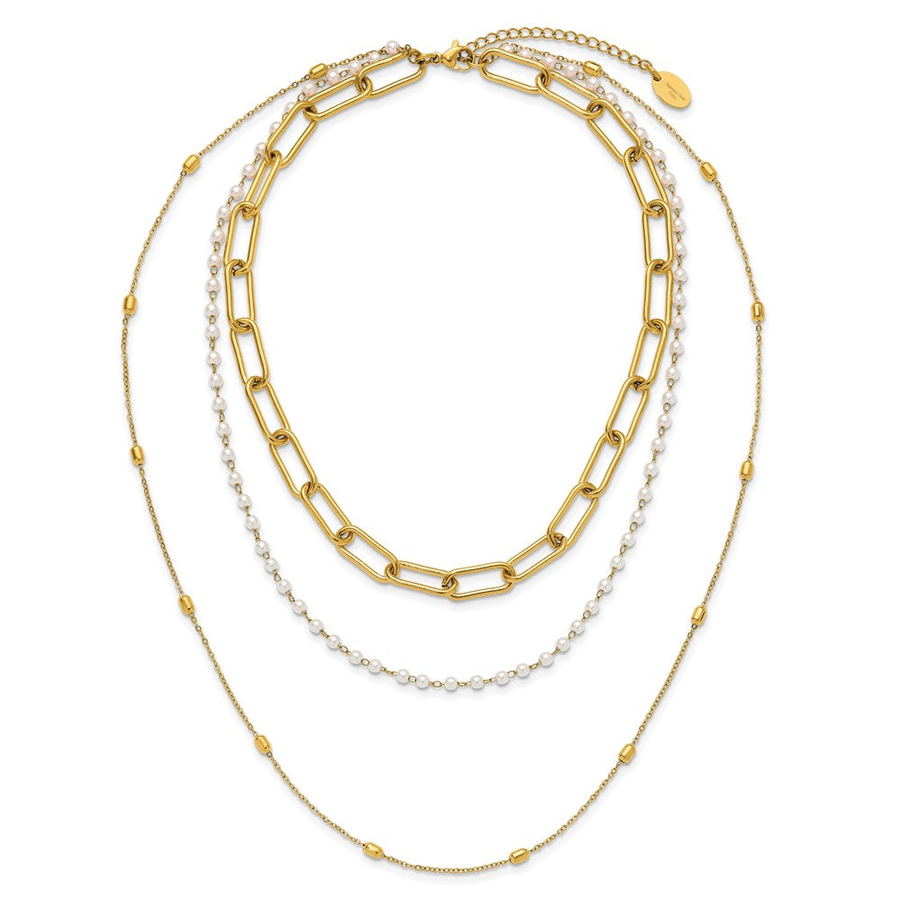 Chisel Stainless Steel Polished Yellow IP-plated Paperclip Link, Beaded Chain and White Freshwater Cultured Pearl Layered 13.5 inch Plus a 2 inch Extension NecklaceSRN3228-13.5