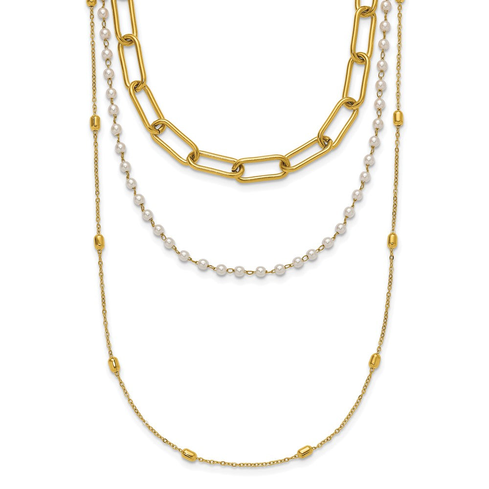 Chisel Stainless Steel Polished Yellow IP-plated Paperclip Link, Beaded Chain and White Freshwater Cultured Pearl Layered 13.5 inch Plus a 2 inch Extension NecklaceSRN3228-13.5