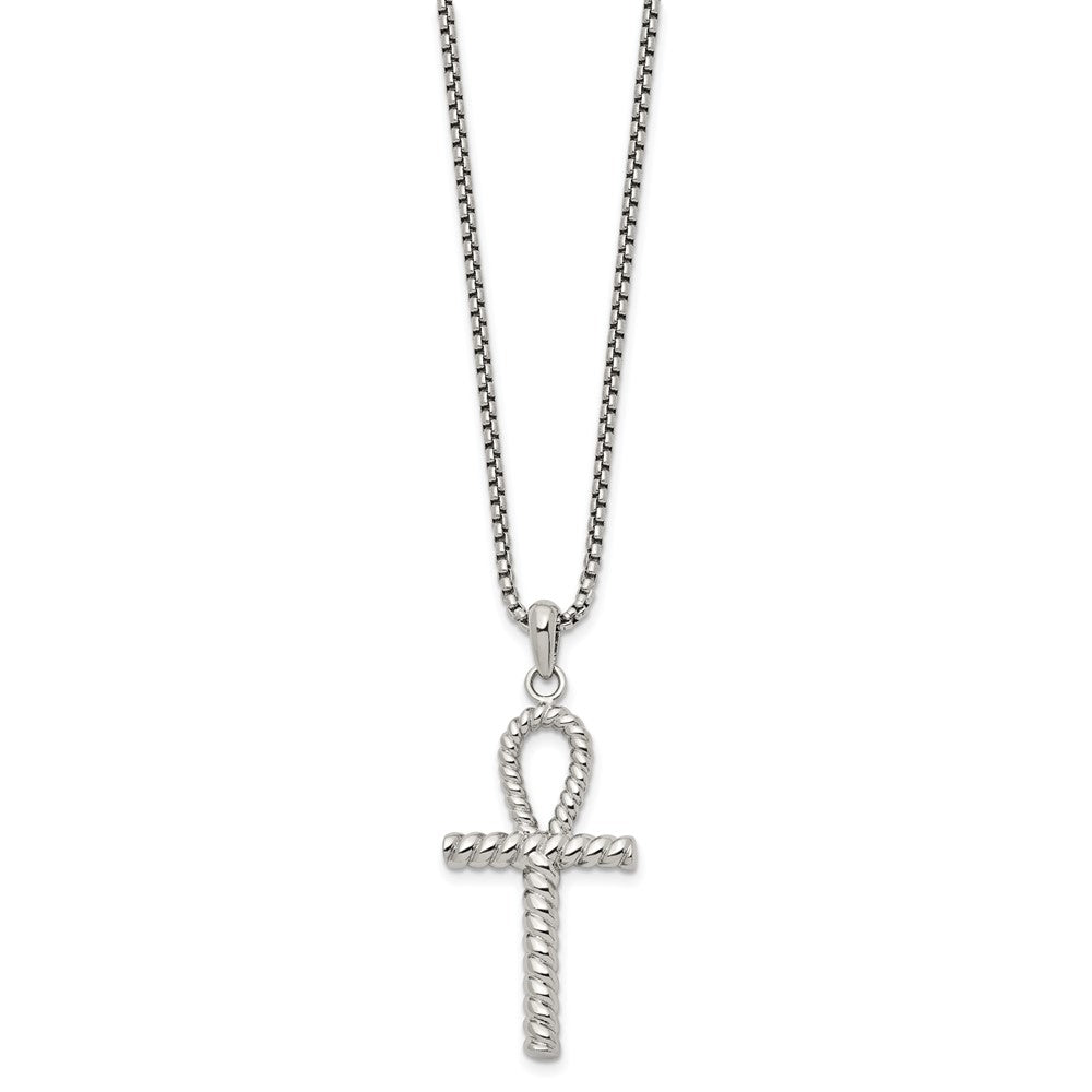 Chisel Stainless Steel Polished and Textured Ankh Cross Pendant on a 24 inch Box Chain NecklaceSRN3357-24