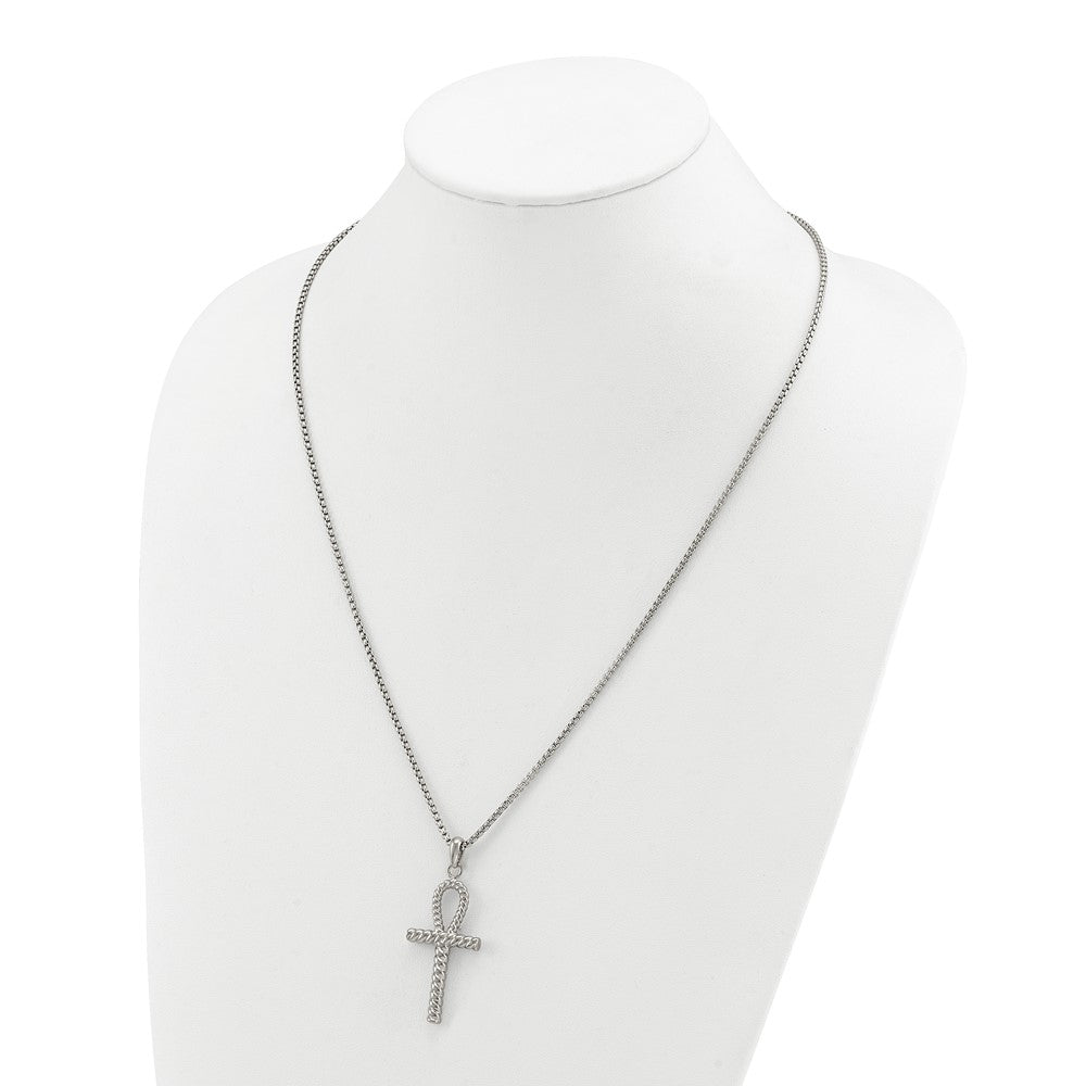 Chisel Stainless Steel Polished and Textured Ankh Cross Pendant on a 24 inch Box Chain NecklaceSRN3357-24