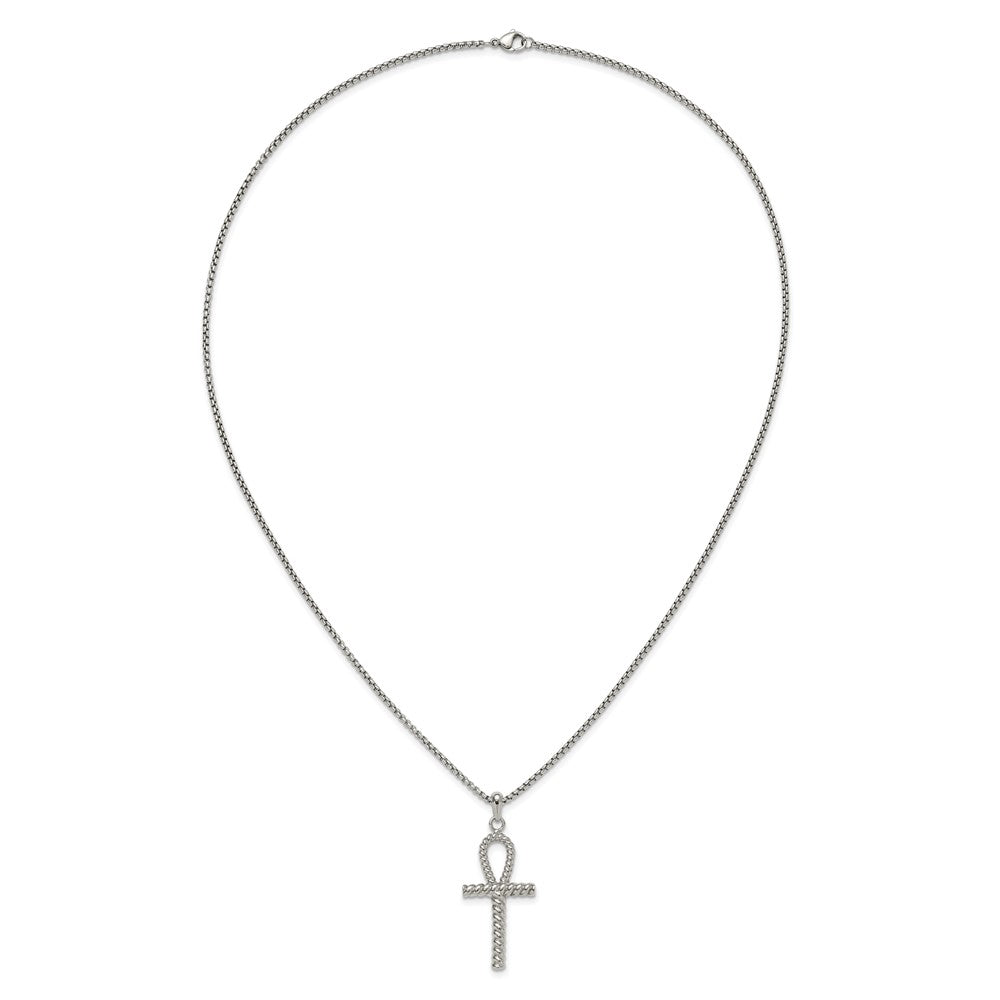 Chisel Stainless Steel Polished and Textured Ankh Cross Pendant on a 24 inch Box Chain NecklaceSRN3357-24
