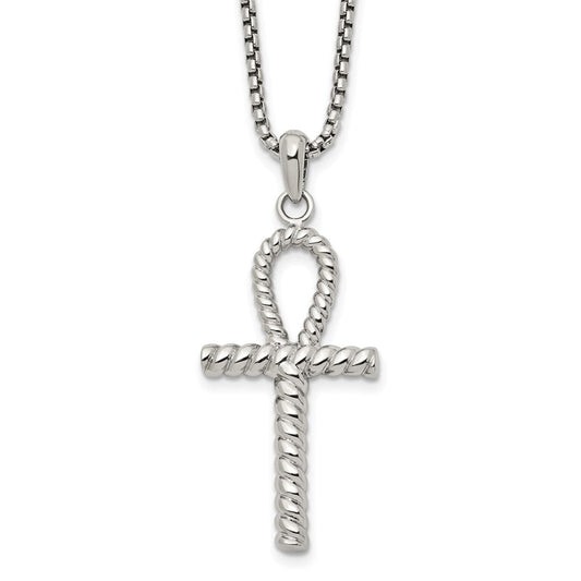 Chisel Stainless Steel Polished and Textured Ankh Cross Pendant on a 24 inch Box Chain NecklaceSRN3357-24