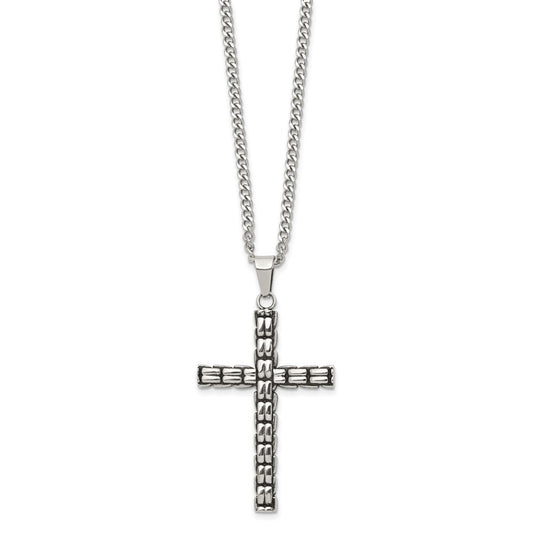 Chisel Stainless Steel Polished and Antiqued Woven Cross Pendant on a 22 inch Curb Chain NecklaceSRN3368-22