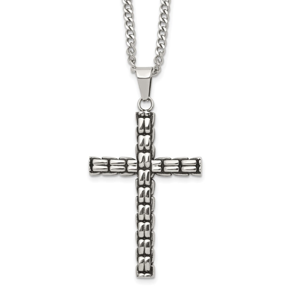 Chisel Stainless Steel Polished and Antiqued Woven Cross Pendant on a 22 inch Curb Chain NecklaceSRN3368-22