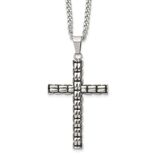 Chisel Stainless Steel Polished and Antiqued Woven Cross Pendant on a 22 inch Curb Chain NecklaceSRN3368-22