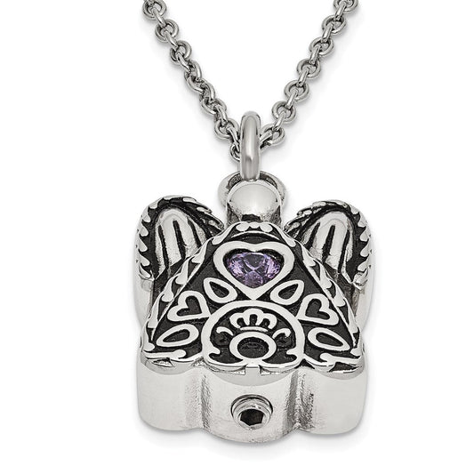 Sentimental Expressions Stainless Steel Purple CZ February Birthstone Antiqued Angel Ash Holder 18 Inch Necklace SSX100FEB