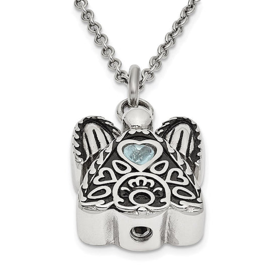 Sentimental Expressions Stainless Steel Light Blue CZ March Birthstone Antiqued Angel Ash Holder 18 inch Necklace SSX100MAR