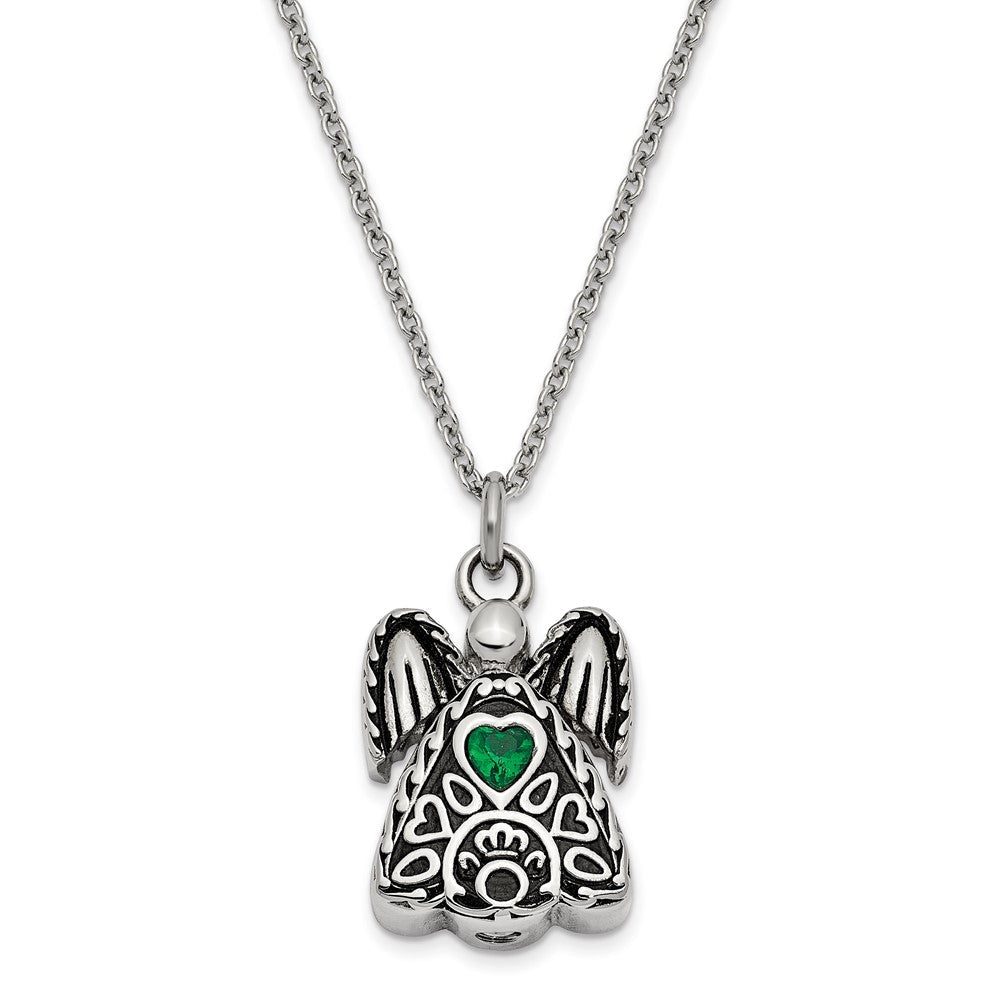 Sentimental Expressions Stainless Steel Green CZ May Birthstone Antiqued Angel Ash Holder 18 Inch Necklace SSX100MAY