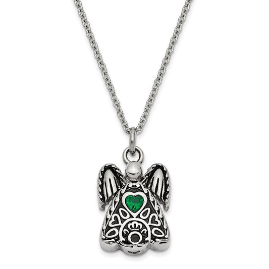 Sentimental Expressions Stainless Steel Green CZ May Birthstone Antiqued Angel Ash Holder 18 Inch Necklace SSX100MAY