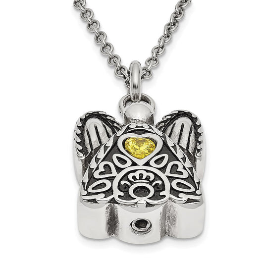 Sentimental Expressions Stainless Steel Yellow CZ November Birthstone Antiqued Angel Ash Holder 18 Inch Necklace SSX100NOV