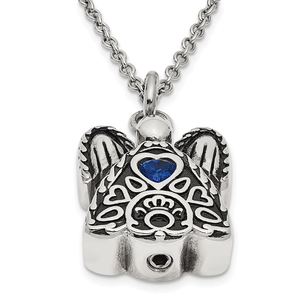 Sentimental Expressions Stainless Steel Dark Blue CZ September Birthstone Antiqued Angel Ash Holder 18 Inch Necklace SSX100SEP