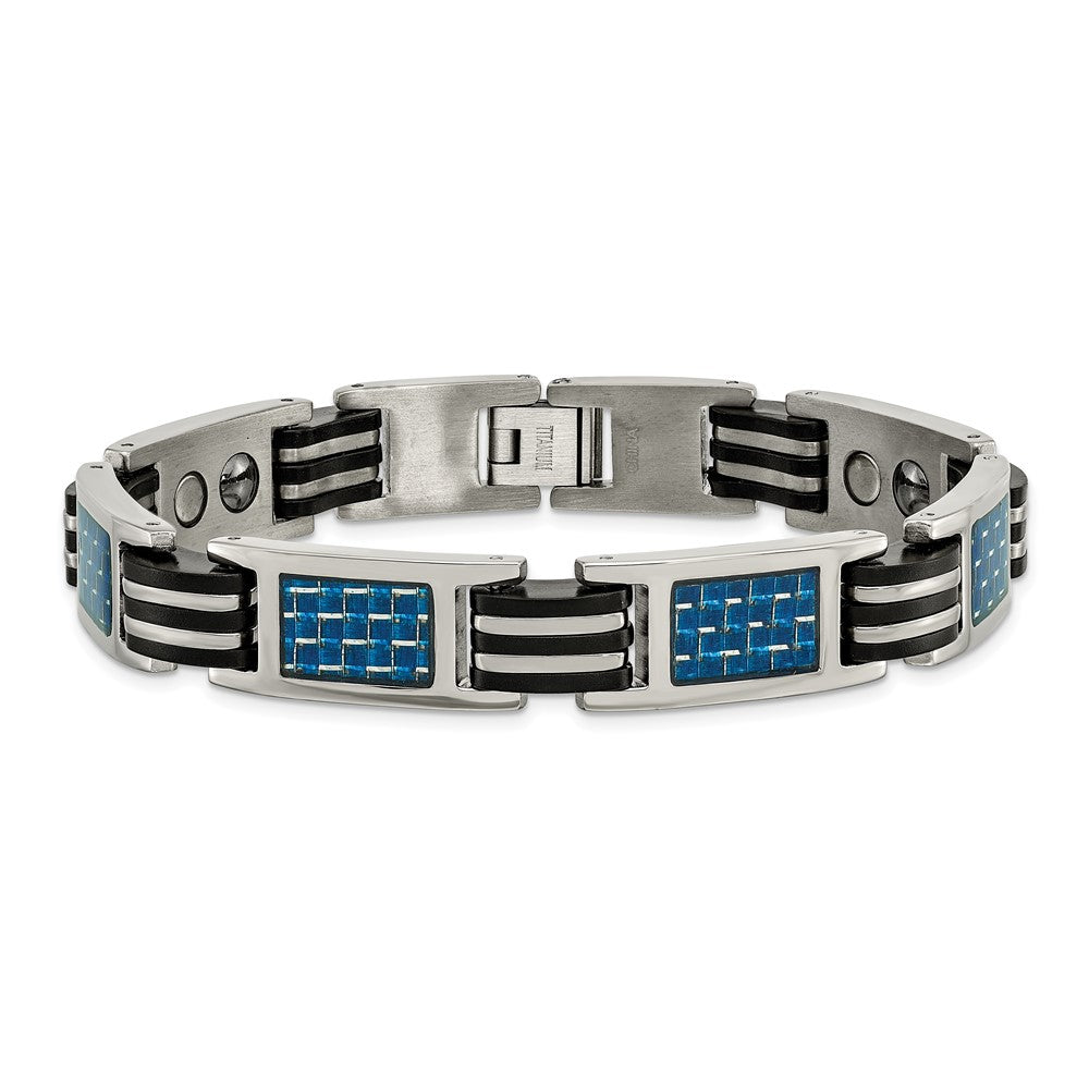 Chisel Titanium Polished with Blue Carbon Fiber Inlay and Rubber 8.5 inch Bracelet TBB172-8.5