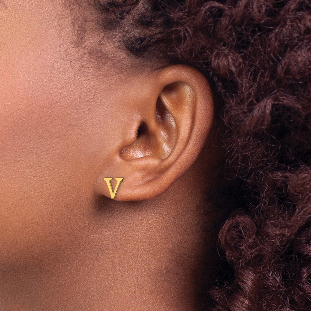 XNE46GP_V Sterling Silver Gold-plated Letter V Initial Post Earrings