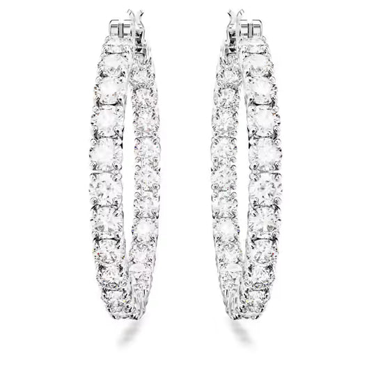 Swarovski Matrix hoop earrings, Round cut, White, Rhodium plated