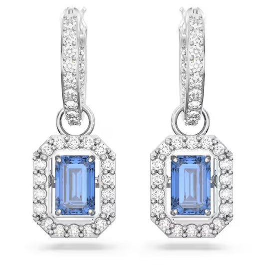 Una drop earrings, Octagon cut, Blue, Rhodium plated
