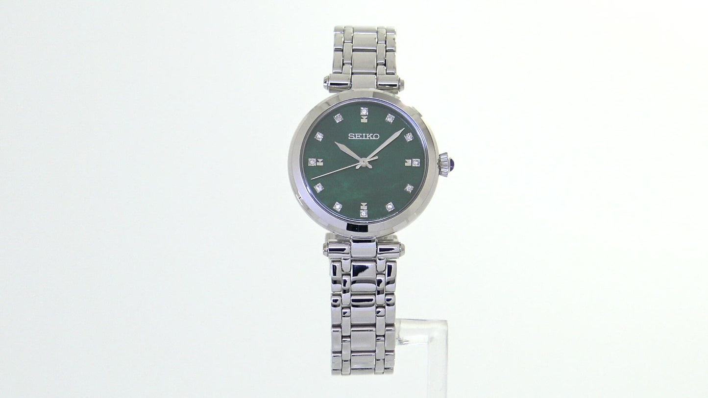 Load and play video in Gallery viewer, SEIKO Women&amp;#39;s Stainless Steel Green Dial Diamond WATCH SRZ535
