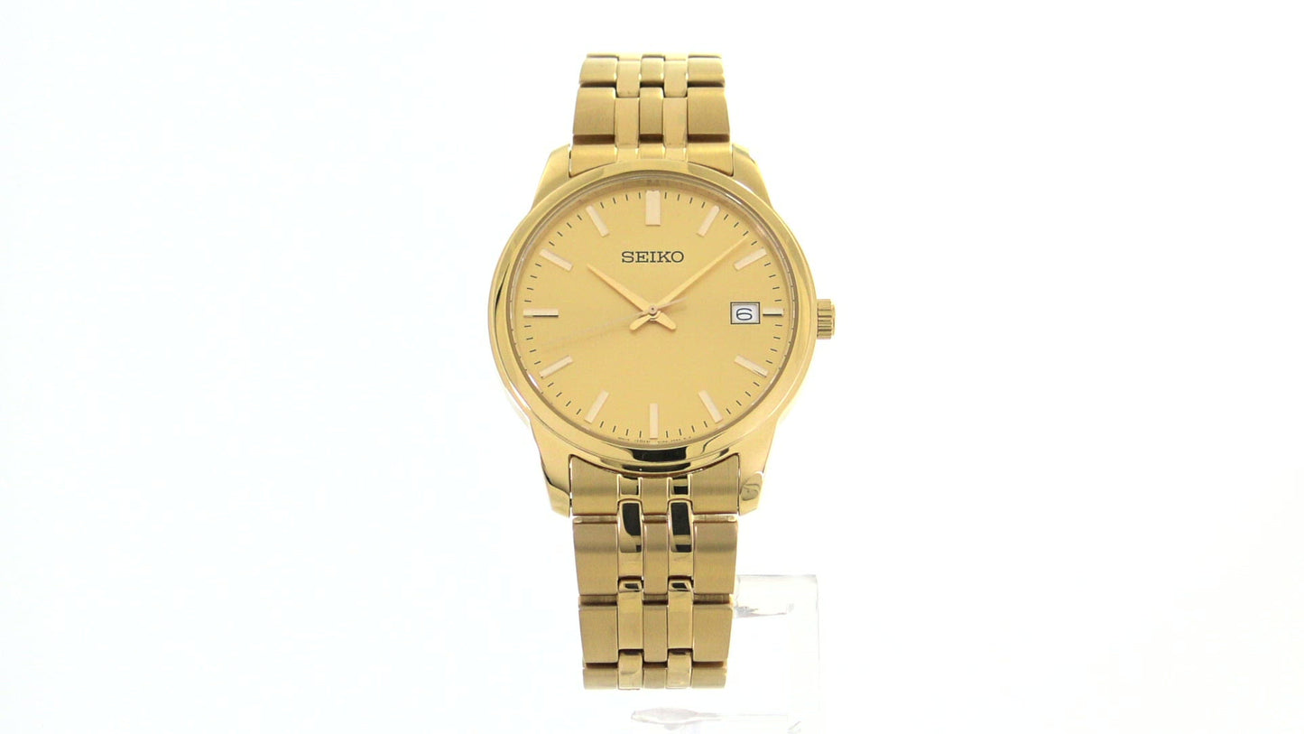 Load and play video in Gallery viewer, Seiko Men&amp;#39;s Essential Gold Tone Stainless Steel Link Watch SUR442
